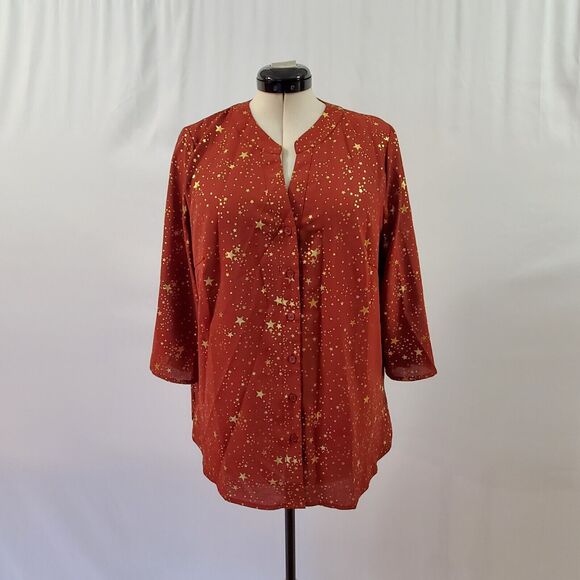 Bloomchic Blouse Women's 10 Medium Gold Stars Button Up Tab Sleeve Russet Red - Picture 1 of 10
